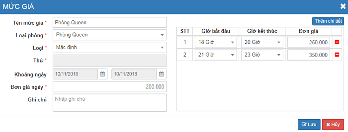 Giao diện cài đặt giá giờ chi tiết phần mềm quản lý karaoeke SUMI PLUS